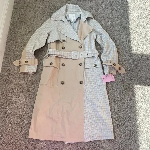 NWT Avec Les Filles Combo Plaid Double-Breasted Trench Coat Sz Medium - Picture 11 of 16